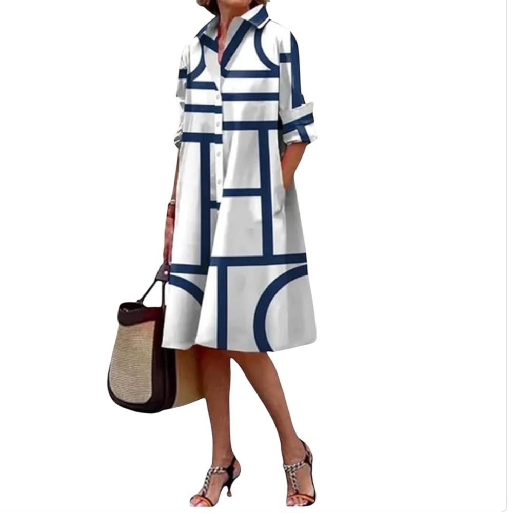 Blue & White Geometric Button Down Shirt Dress Cover up Resort Nautical Costal